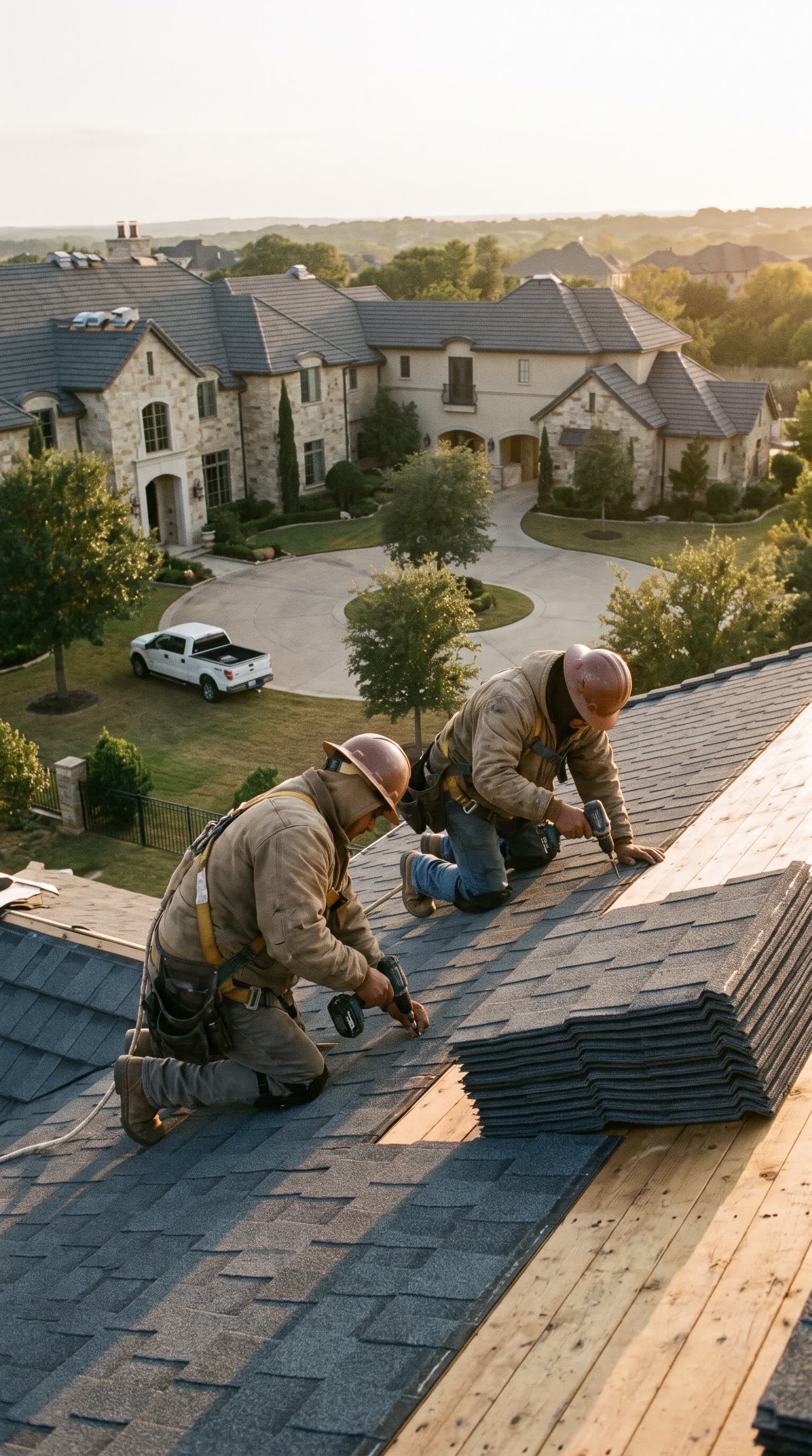 WeatherLok crew installing a stone-coated steel roof on a large estate compound
